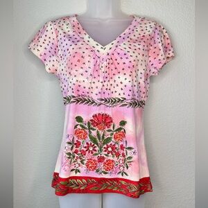 Y2K‎ Boho Pink Floral Cotton V‑Neck Top Size L Feminine Garden Print